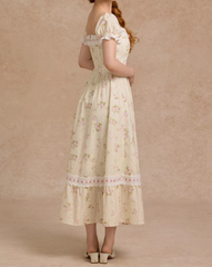 Floral Puff Sleeve Lace Trim Ruffle Hem Maxi Dress