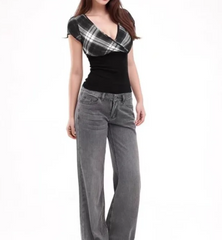 Plaid Contrast Short Sleeve Black Top