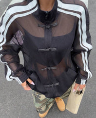 Black Mesh Patchwork Stripe Decoration Jacket