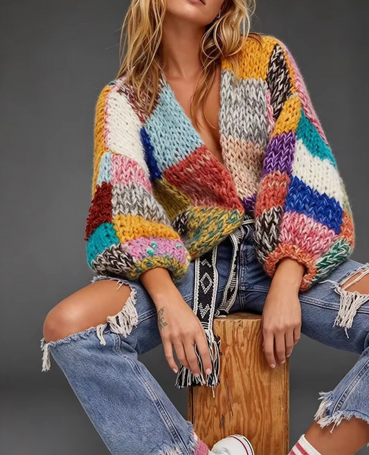 Knit Colourful Patchwork Pattern Cardigan