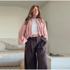 Short Pink Balloon Sleeve Bomber Pleated Zipper Jacket