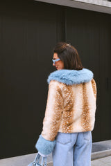 Deer Print Blue Faux Fur Cropped Jacket