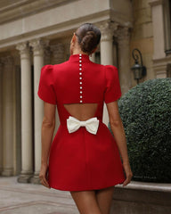 Red High Collar Puff Sleeve Back Bow Mini Dress