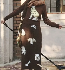 Brown Knit Cute Dog Jacquard Print Midi Skirt