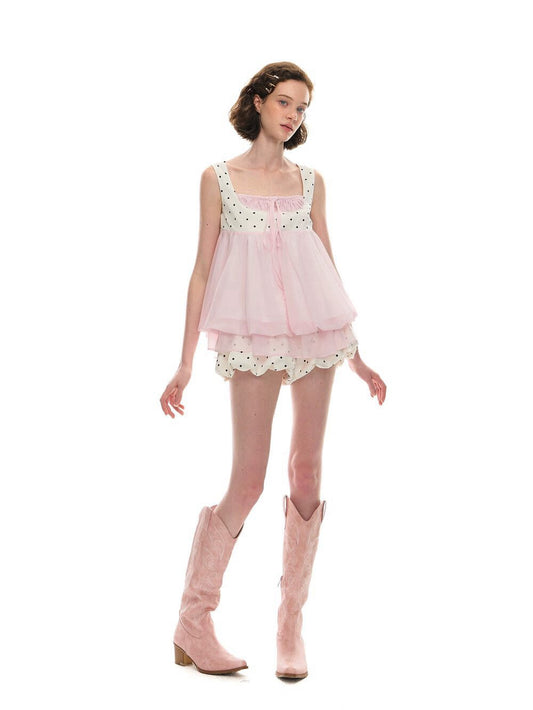 Pink Sleeveless Square Neck Polka Dot Top And Mini Skirt Set