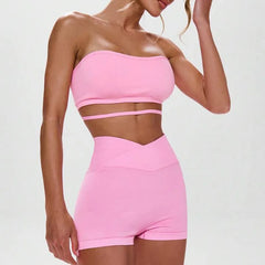 An athletic shorts outfit with a one-shoulder top, perfect for the gym or daily wear.