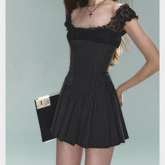 Black Pleated Strap Mini Dress