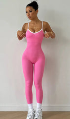 A full-length view of the solid one-piece athletic wear, highlighting its form-fitting style.