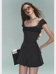 Black Pleated Strap Mini Dress