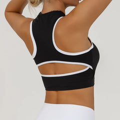 A sports bra showing its unique cutout design from the back.