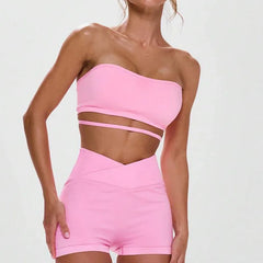 A full-length view of the seamless leggings and crop top.