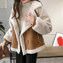 Fur Patchwork Collar Zipper Pocket Jacket - Free From Label