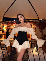 Tiered Slash Neck Full Sleeve Bodycon Mini Dress