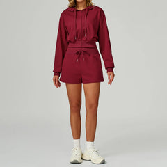 A comfortable zip-up hoodie and shorts outfit for women.