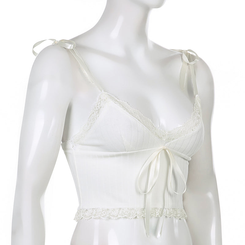 White Lace Bow Tie Up Cami Top