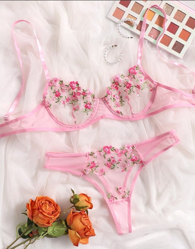 Floral Embroidery Transparent Lace 2 Piece Set Free From Label