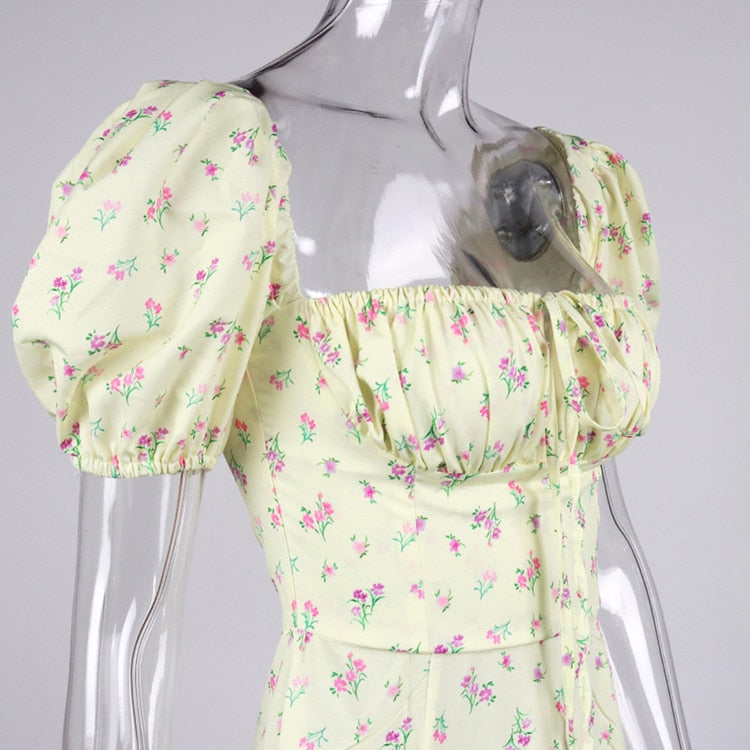 Floral Puff Sleeve Front Tie Midi Slit Dress