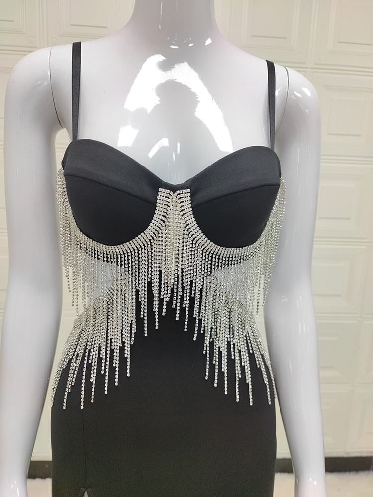 Black Cupped Cut-Out Rhinestone Tassel Maxi Dress – Free From Label