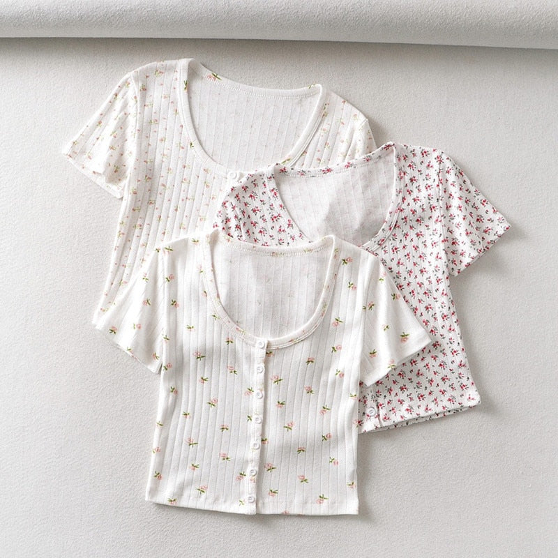 White Floral Ribbed Buttoned Top Free From Label