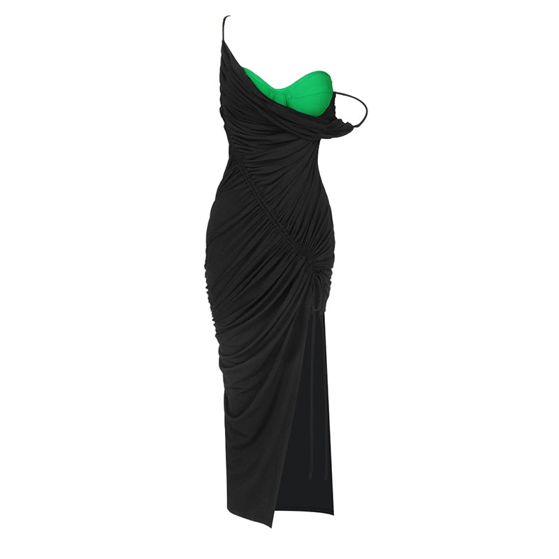 Green Contrast Black Slit Midi Dress
