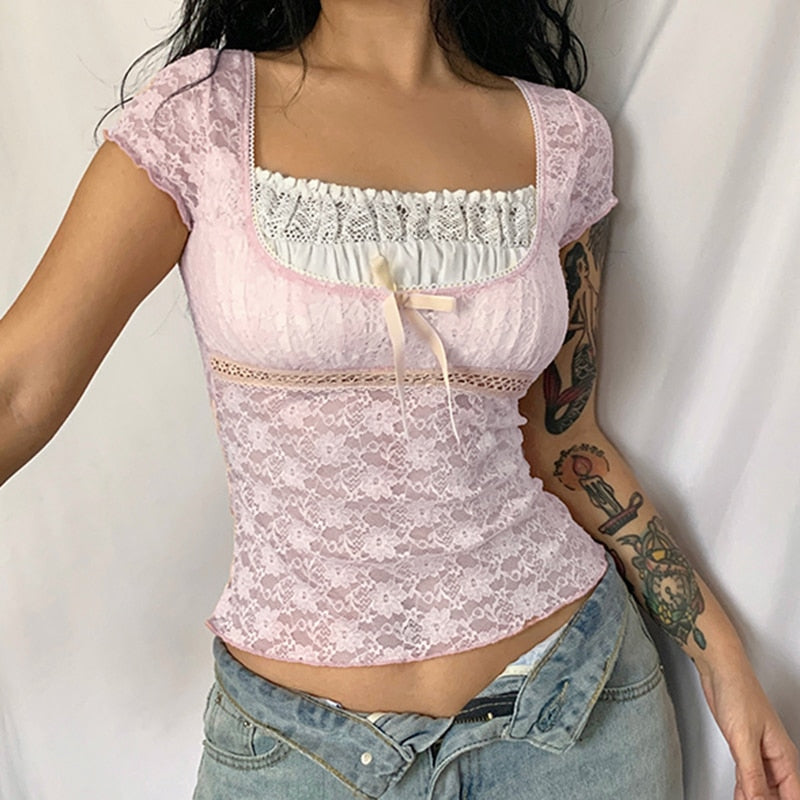 Pink Lace Short Sleeve Top Free From Label