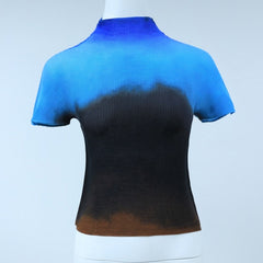 Gradient Waffle Texture High Neck Short Sleeve Top Free From Label