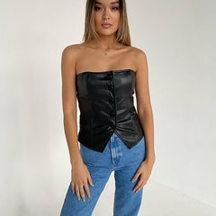 Black Pu Leather Button Up Sleeveless Top Free From Label