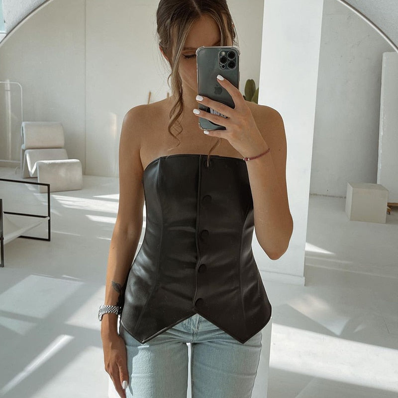 Black Pu Leather Button Up Sleeveless Top