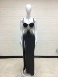 Black Cupped Cut-Out Rhinestone Tassel Maxi Dress