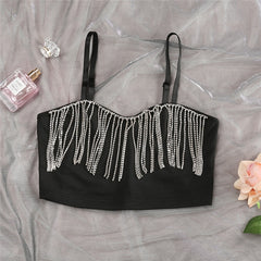 Black Strap Crop Top With Rhinestone Fringe Free From Label