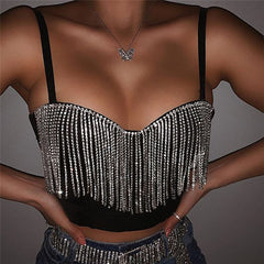 Black Strap Crop Top With Rhinestone Fringe Free From Label