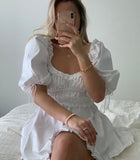 White Ruched Puffed Sleeve Mini Dress