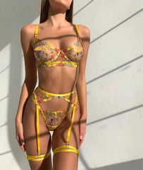 Yellow Floral Pattern Mesh 3-Piece Set Free From Label