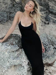 Black Bodycon Backless Thin Strap Maxi Dress Free From Label