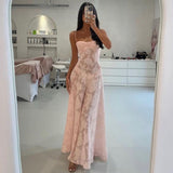 Pink Floral Lace Maxi Dress