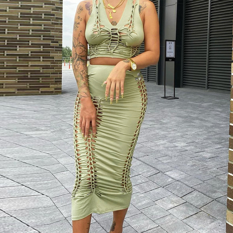 Braided Cut Out Design Tank Top And Midi Skirt Set