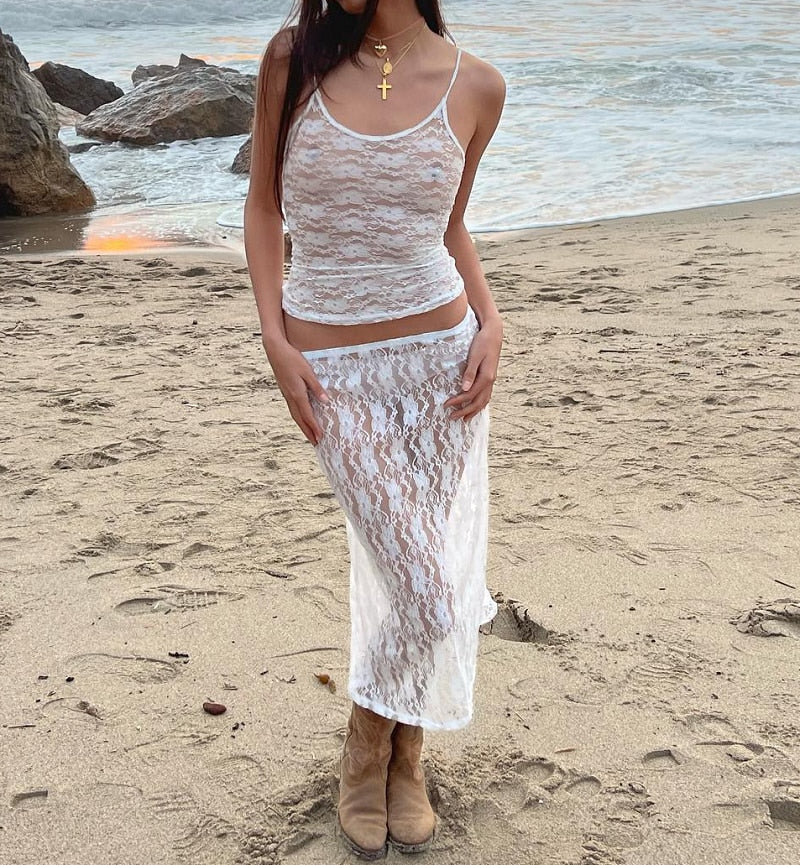 White Lace Sheer Tank Top And Midi Skirt Set Free From Label