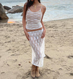 White Lace Sheer Tank Top And Midi Skirt Set