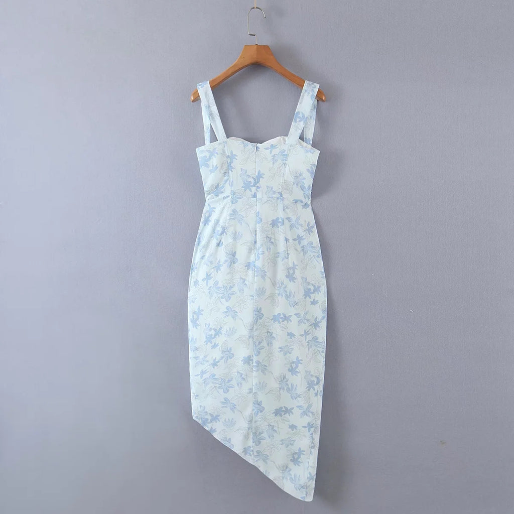Blue Floral Mini Ruched Slit Bustier Dress