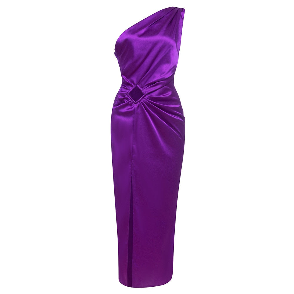 Purple One Shoulder Satin Hollow Cut Maxi Dress