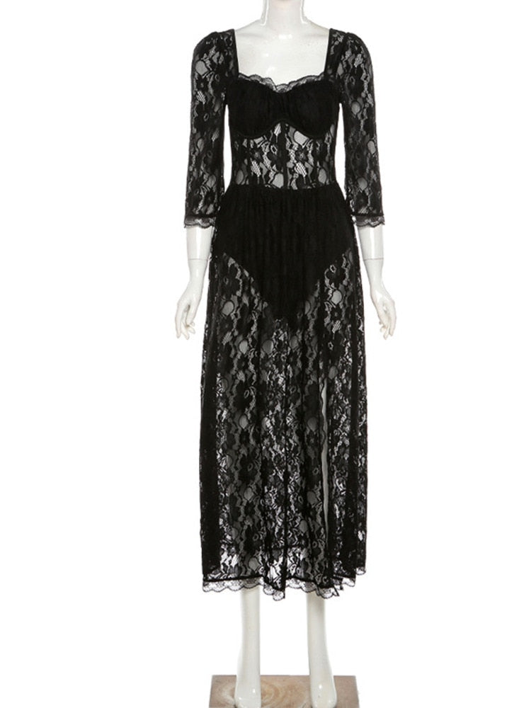 Black Lace Mesh Long Sleeve Midi Dress