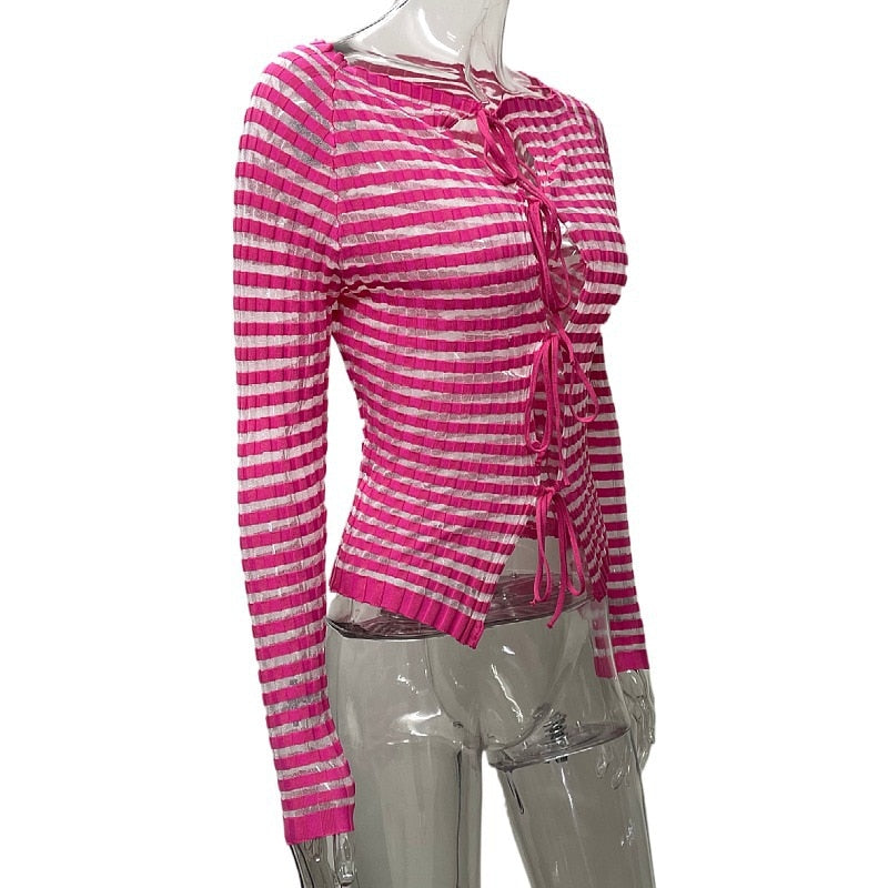 Pink Stripped Front Tie Up Top