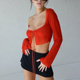 Mesh Tie-Up Long Sleeve Square Neck Crop Top