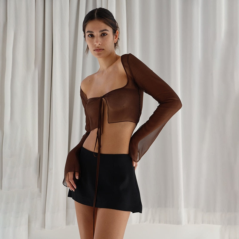Mesh Tie-Up Long Sleeve Square Neck Crop Top
