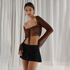 Mesh Tie-Up Long Sleeve Square Neck Crop Top Free From Label