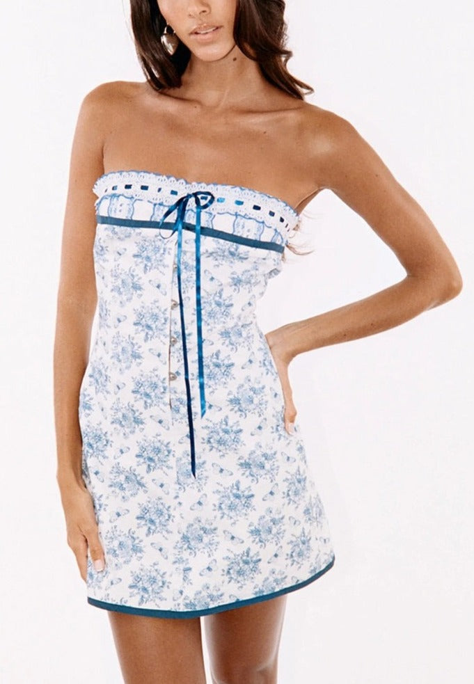 Blue Floral Lace Tube Mini Dress