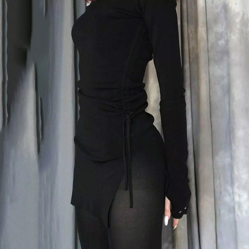 Long Sleeve Black Bodycon Drawstring Dress