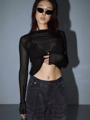 Striped See-Through Long Sleeve Top Free From Label