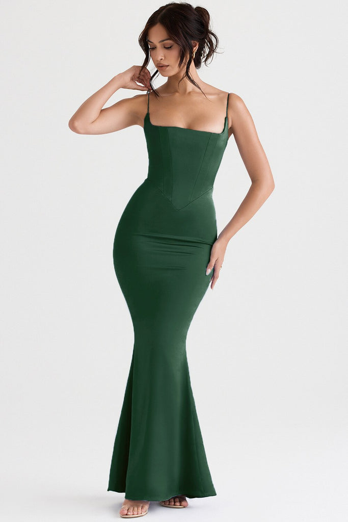 Green Satin Strappy Corset Maxi Dress