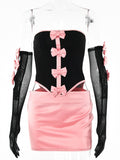 Pink Bow Black Satin Corset  And Pink Mini Skirt And Sleeve Set